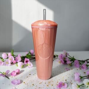 Starbucks Peach Pink Marble Acrylic Cold Cup 24oz Venti Tumbler NWT